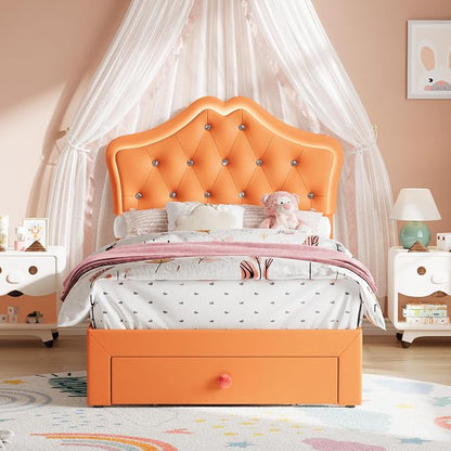 Twin Size Bed Frame for Girls with Storage Drawers & LED Lights, Upholstered Platform Bed, Velvet Crystal Button Princess Bed, Noise-Free Slats, No Box Spring Needed for Kids, Teens, Orange