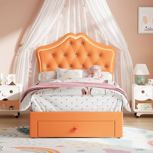 Twin Size Bed Frame for Girls with Storage Drawers & LED Lights, Upholstered Platform Bed, Velvet Crystal Button Princess Bed, Noise-Free Slats, No Box Spring Needed for Kids, Teens, Orange