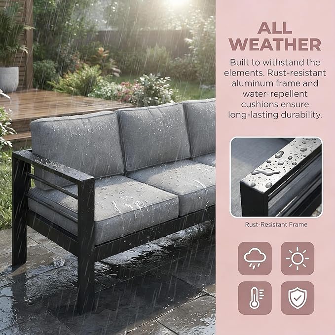 Kiss the Water 3 Seats Aluminum Outdoor Patio Sofa Set, All Weather Rust-Proof Metal Patio Couch, Modern Outdoor Furniture for Backyard Porch Garden, 5" Thick Waterproof Olefin Cushions, Light Grey