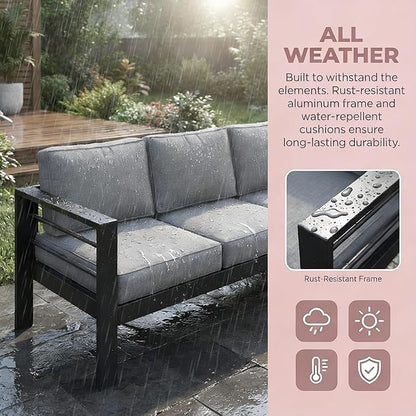 Kiss the Water 3 Seats Aluminum Outdoor Patio Sofa Set, All Weather Rust-Proof Metal Patio Couch, Modern Outdoor Furniture for Backyard Porch Garden, 5" Thick Waterproof Olefin Cushions, Light Grey