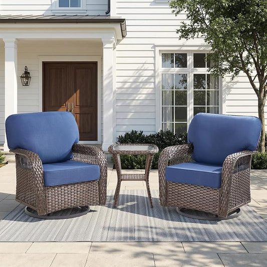 Belord 3 Piece Patio Set,Swivel Patio Chairs Set with Side Table, All-Weather Wicker Backyard Balcony Porch Seating Group,Blue