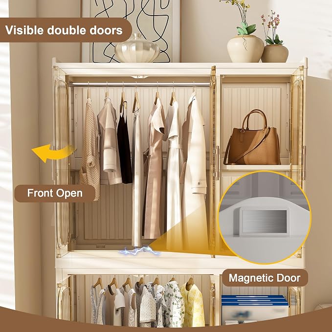 Portable Wardrobe Closet Organizer, Large Kids Wardrobe Closet with Magnetic Doors and Wheels, Collapsible Plastic Baby Clothes Storage Cabinet, 4 Cubes and 2 Wardrobes (17.7"D x 36.2"W x 62.2"H)