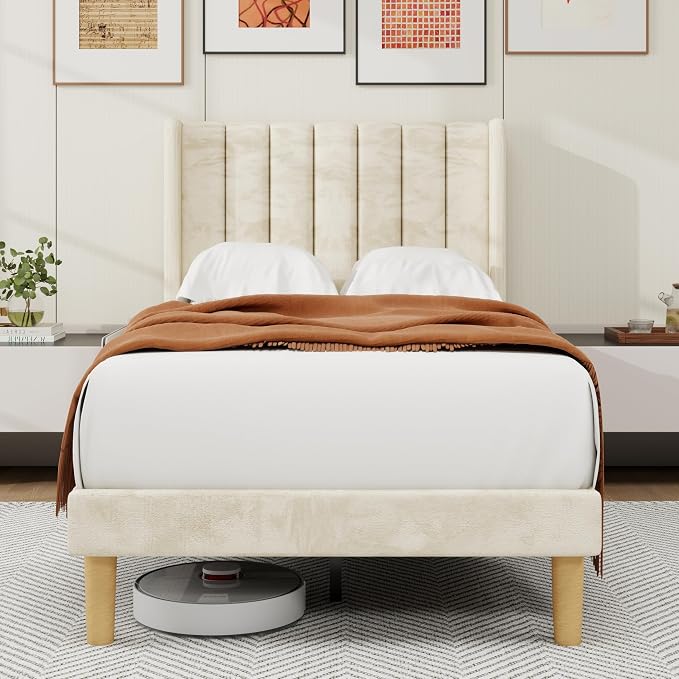 alazyhome Platform Bed Frame Twin Size with Upholstered Headboard, Solid Wood Slats Support, No Box Spring Needed, Noise Free, Easy Assembly, Modern Velvet Bed, Beige