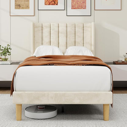 alazyhome Platform Bed Frame Twin Size with Upholstered Headboard, Solid Wood Slats Support, No Box Spring Needed, Noise Free, Easy Assembly, Modern Velvet Bed, Beige