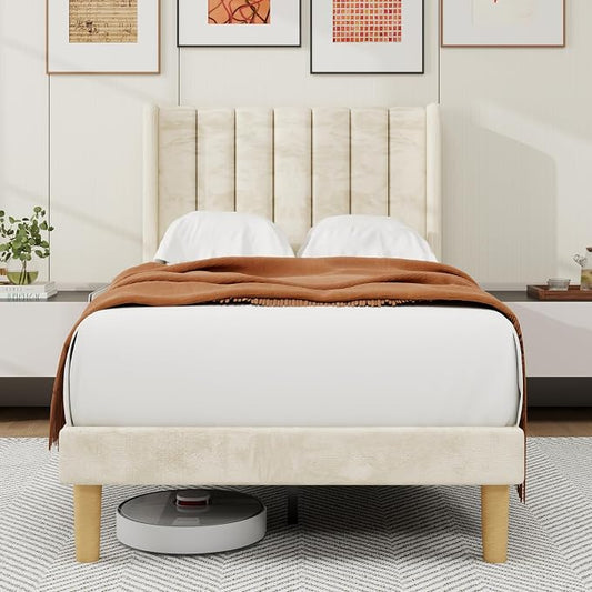 alazyhome Platform Bed Frame Twin Size with Upholstered Headboard, Solid Wood Slats Support, No Box Spring Needed, Noise Free, Easy Assembly, Modern Velvet Bed, Beige