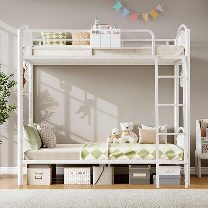 Decofy Metal Bunk Bed Twin Over Twin with Storage Bag, 2 Twin Size Beds with Safety Guard Rails and Anti-tip Nails for Teenager,Girls or Boys （White） | Convertible Ladder