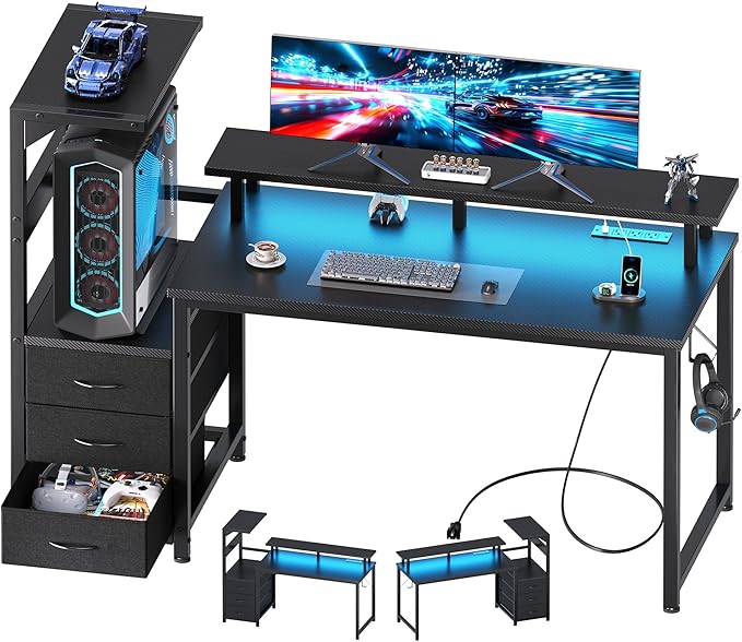 DUMOS 52” Gaming Desk with USB Charging Ports & LED Lights, Reversible Computer Desk with Drawers, PC Desk for Home Office Small Space, Gaming Table Fits PC Towers, Black