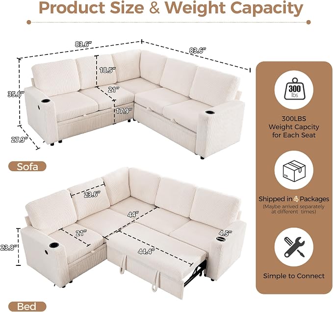 Sectional Sleeper Sofa with Pull Out Bed, Plush Corduroy L Shaped Corner Couch with Storage, USB Ports, Cup Holders, Comfy Sectional Couches for Living Room, White