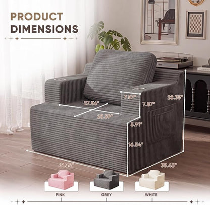 Homall 42” Single Sofa Foam Couch for Small Spaces Upholstered Floor Sofa with Cup Holder & Storage Pocket Boneless Couch for Bedroom Living Room (Grey, Single)