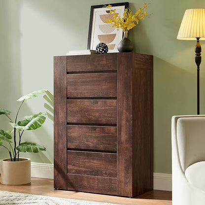 OKD 5 Drawer Dresser for Bedroom, 48" Tall Dresser Chest of Drawers with Thick Wood Design, Handleless, Modern Bedroom Dresser, Storage Organizer for Living Room/Entryway, Dark Walnut