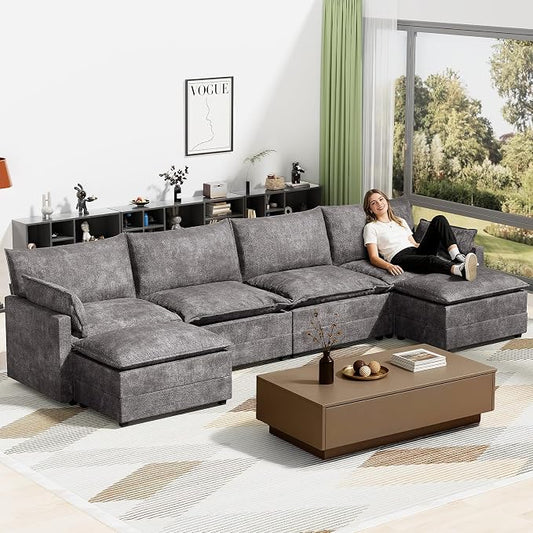 LEVELEVE 147" U-Shape Modular Sofa with 2 Ottomans, Deep Seat Cloud Convertible Sleeper, 2 Arm Pillows, Cozy Large Upholstered Furniture for Living Room Apartment, Dark Grey