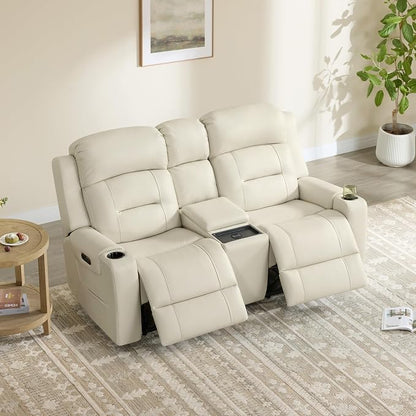Watson & Whitely Genuine Leather Power Loveseat and Recliner Sofa Set, Lay Flat Reclining Couch with Console, Power Headrest, USB & Wireless Charging, Cup Holders for Living Room, Cream