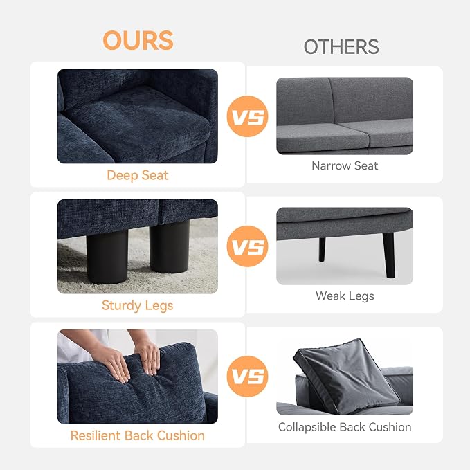 WUTUTUEE 58'' Modular Sectional Loveseat Sofa, Modern Love Seat 2 Seater Sofa Couch with Storage, Chenille Modular Sectional Couch for Living Room, Bedroom, Office, Small Apartment, Navy