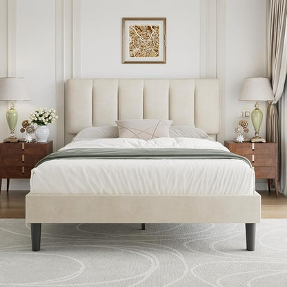 VECELO Queen Size Bed Frame with Upholstered Headboard, Heavy-Duty Bedframe with Strong Wooden Slats Support, No Boxing Spring Needed, Pale Beige