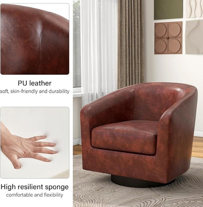 Swivel Barrel Accent Chair, Modern Round Faux Leather Arm Chair for Living Room, Bedroom, Comfy Club Reading Chairs for Adults