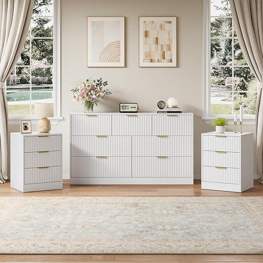 7 Drawer Dresser & Nightstand Set, 3-Piece White Fluted Dresser and Night Stand Set of 2 with Metal Handle, Modern Wood Chest of Drawers Storage Dressers Set for Bedroom, White