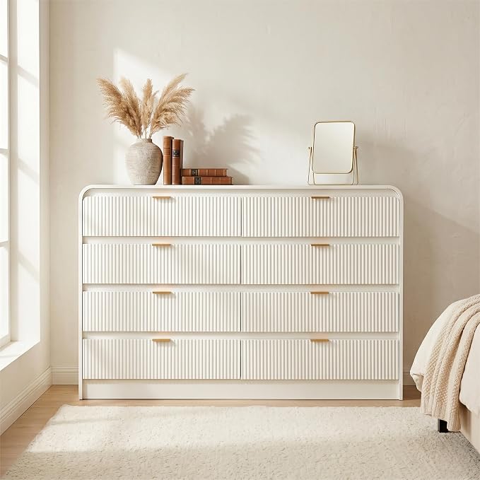 FURSUN Fluted 8 Drawers Dresser for Bedroom, 55" Wide Wooden Dresser with Metal Handle, Curved Profile Design, Modern Storage Organizer for Bedroom, Living Room, Hallway, White