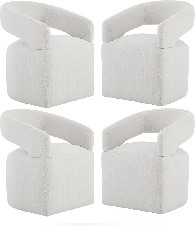 KISLOT Upholstered Dining Chairs Set of 4, Modern Rolling Dining Chairs with Hidden Casters, Arm Kitchen Chairs with Linen Look Fabric, Padded Barrel Chairs for Dining Room, Kitchen, Light Linen