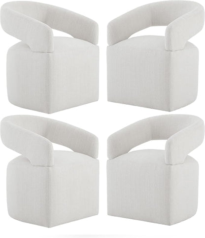 KISLOT Upholstered Dining Chairs Set of 4, Modern Rolling Dining Chairs with Hidden Casters, Arm Kitchen Chairs with Linen Look Fabric, Padded Barrel Chairs for Dining Room, Kitchen, Light Linen