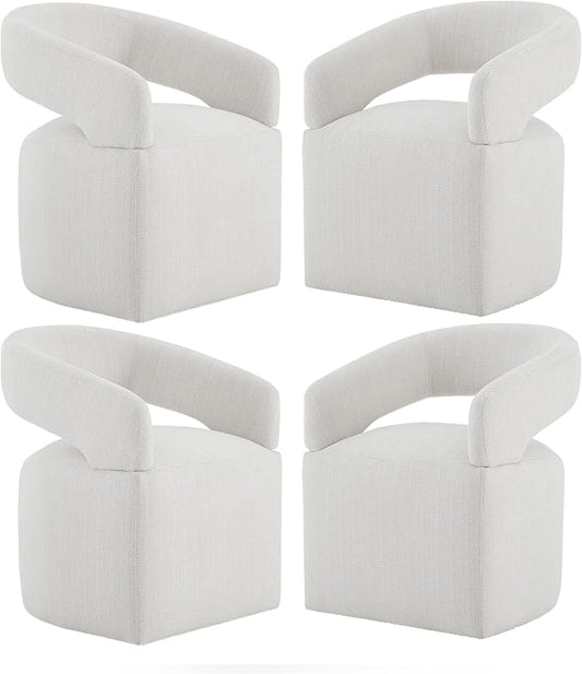 KISLOT Upholstered Dining Chairs Set of 4, Modern Rolling Dining Chairs with Hidden Casters, Arm Kitchen Chairs with Linen Look Fabric, Padded Barrel Chairs for Dining Room, Kitchen, Light Linen