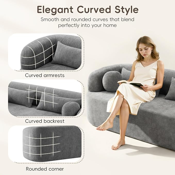 86" Curved Cloud Couch, Curved Sofa,Boneless Couch, Upholstered Sofa with Pillows, No Assembly Need,Chenille with High-Density Foam, 3-Seater Luxury Modern Compressed Sofa,Gray