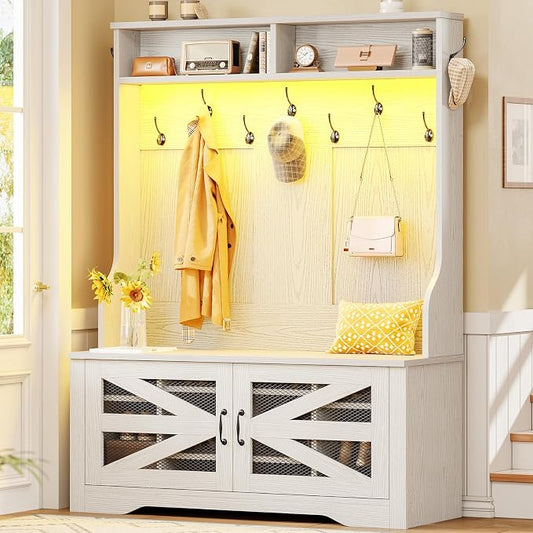 Itaar Hall Tree with Bench and Shoe Storage, 5-in-1 Entryway Bench with Coat Rack, 10 Shoe Cubbies & 9 Coat Hooks, Barn Door & Adjustable Shelf (Embossed White)