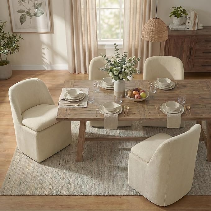 KISLOT Upholstered Dining Chairs with Casters, Washable Cover Modern Dining Room Chairs with Thick Cushion & Sturdy Metal Frame for Kitchen, Living Room, Dressing Room, Sand Fabric, Set of 2