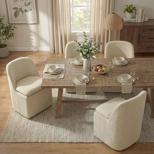 KISLOT Upholstered Dining Chairs with Casters, Washable Cover Modern Dining Room Chairs with Thick Cushion & Sturdy Metal Frame for Kitchen, Living Room, Dressing Room, Sand Fabric, Set of 4