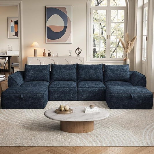 132" Modular Sectional Sofa with Deep Seat, U-Shaped Cloud Couch for Living Room, 4-Seater Boneless Sofa with 2 Ottomans, Flexible Combination Modern Upholstery Sofa, No Assembly Required, Aqua Blue