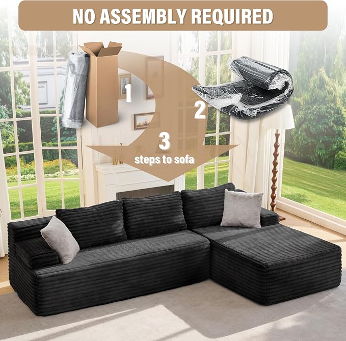Hobestluk Boneless Couch Modular Sectional Sofa L-Shape Cloud Couch Lounge | 96" Right Facing Chaise Black,Memory Foam,Removable Cover,Non-slip Bottom,No Assemble Required,Furniture for Small Home