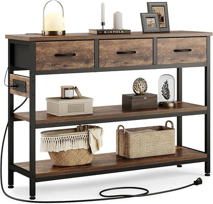 Lulive Entryway Table with Outlets, 3 Fabric Drawers, 43 in Console Table | 43.3"W x 11.8"D entry table with 2 outlets, 2 USB ports, swappable plug side, adjustable feet and anti-tip kit.
