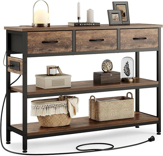 Lulive Entryway Table with Outlets, 3 Fabric Drawers, 43 in Console Table | 43.3"W x 11.8"D entry table with 2 outlets, 2 USB ports, swappable plug side, adjustable feet and anti-tip kit.