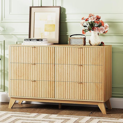 VINGLI Fluted Dresser for Bedroom, 6 Drawer Dresser w/Rounded Edges, Mid Century Modern Dressers Natural Wood Color, 46.8" W*15.6" D*31" H