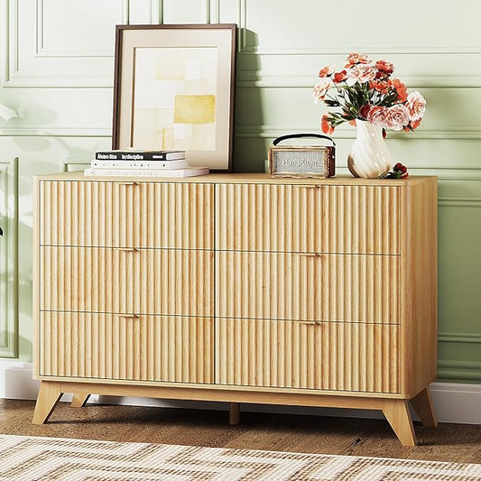 VINGLI Fluted Dresser for Bedroom, 6 Drawer Dresser w/Rounded Edges, Mid Century Modern Dressers Natural Wood Color, 46.8" W*15.6" D*31" H