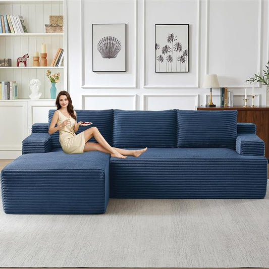 96.1" Modular Sectional Sofa Couches L-Shape Couch 3 Seat Modular Sofa Corduroy Memory Foam Sectional Boneless Couches for Living Room, Cloud Couch with Oversized Chaise(Blue, Left Facing)