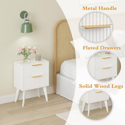 YAUKOMEL Fluted Nightstand with 2 Drawers,Modern Bedside Table with Metal Handles,Side Table with Solid Wood Legs,End Table for Living Room,Bedroom,Small Spcae 11.8" D x 15.7" W x 22.8" H White CTG55W