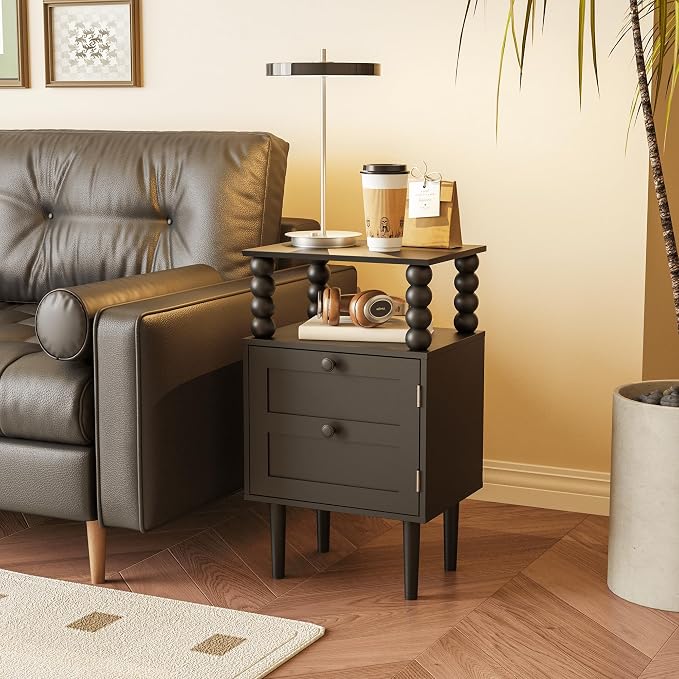 Nightstand with Storage Drawer and Open Wood Shelf,Solid Wood Legs (Black) | Mid-Century Modern Bedside Table for Bedroom and Small Spaces,Easy Assembly