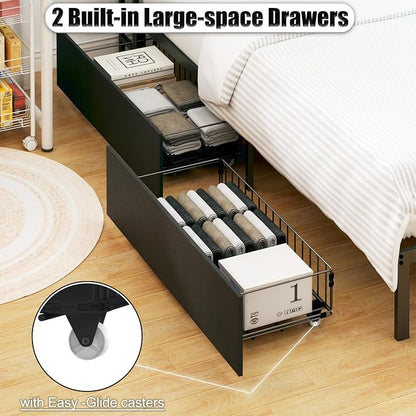 Bellemave Full Corner Bed Frame with Storage, Full Captains Bed with Charging Station, LED Light, Wood Daybeds with L-Shaped Bookcase and 2 Drawers, Black
