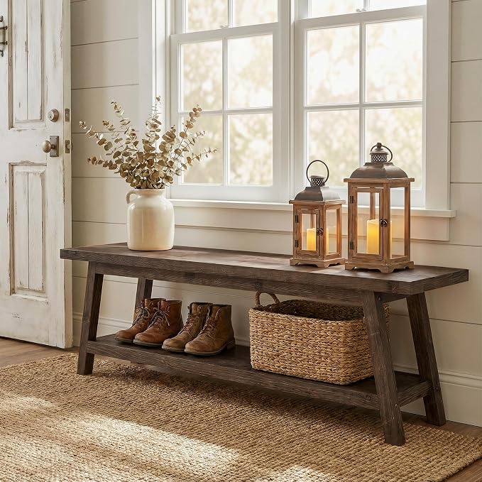 Solid Wood Entryway Bench with Shoe Storage Shelf, 62.99" Long Rustic Hallway Shoe Bench, Natural Wood Mudroom Window Seating, 400 lbs Capacity