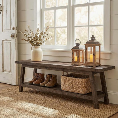 Solid Wood Entryway Bench with Shoe Storage Shelf, 62.99" Long Rustic Hallway Shoe Bench, Natural Wood Mudroom Window Seating, 400 lbs Capacity