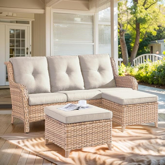 Outdoor Patio Furniture - 3 Seater Outdoor Rattan Wicker Sofa Patio Couch with Ottoman for Porch Deck Garden Backyard - Yellow/Beige