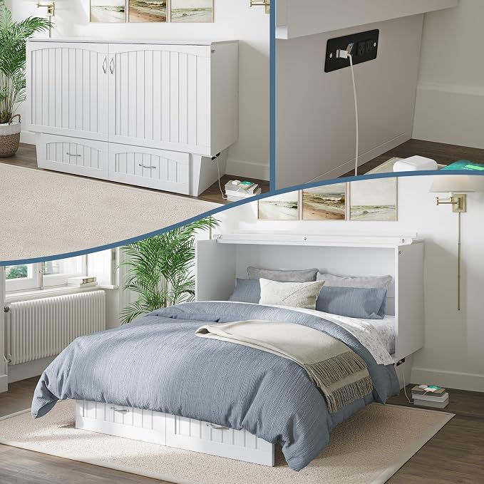 AFI, Nantucket Queen Murphy Bed Chest with Mattress, Storage Drawer and Built-In USB Charger, White