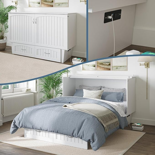 AFI, Nantucket Queen Murphy Bed Chest with Mattress, Storage Drawer and Built-In USB Charger, White
