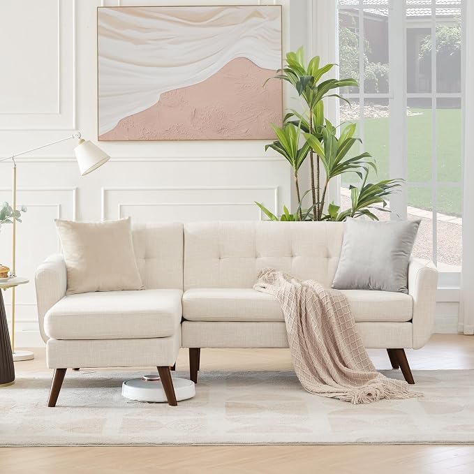 Kingfun L Shaped Couch, 80" W Mid-Century Modern Sofa, Sectional Couches, 3 Seater Sofas with Wide Chaise Lounge, Button Tufted Upholstered Sectional Sofa for Living Room, Bedroom, Beige