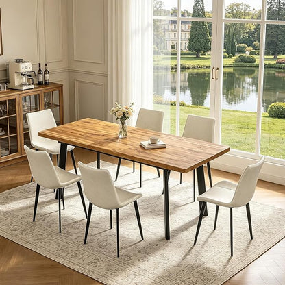 Extendable Dining Table Set for 6 to 8 People, 63" to 78.7" Modern Kitchen Table Set with 6 Leather Chairs, MDF Dining Room Table and Chairs with Removable Extension Leaf (Walnut Table+White Chairs)