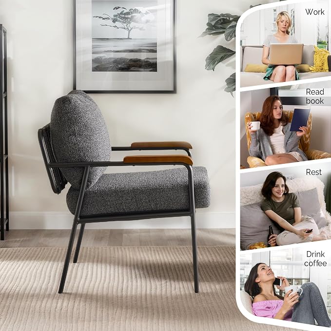 VINGLI Mid-Century Modern Accent Armchiars Set of 2 for Small Space, Small Comfy Upholstered Leisure Reading Chairs with Wood Armrests for Bedroom, Living Room, Waiting Room, Linen Grey