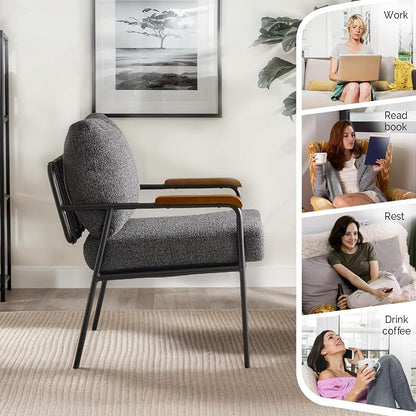 VINGLI Mid-Century Modern Accent Armchiars Set of 2 for Small Space, Small Comfy Upholstered Leisure Reading Chairs with Wood Armrests for Bedroom, Living Room, Waiting Room, Linen Grey