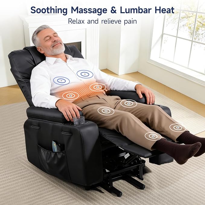 Brage Living Power Lift Recliner Chair for Elderly with Massage & Heat, PU Leather Electric Recliner with USB Charge Port, 160° Adjustable Recline, Stand Assist, Remote Control, Cup Holders (Black)