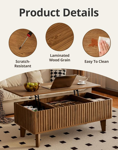 Rectangular Lift Top Coffee Table with Storage, Wood Fluted Modern Living Room Center Table for Home Office, Walnut
