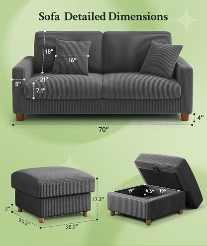 Welzona 70.2" Couches for Living Room, Comfy U Shaped Couch Grey 7.1" Thicker Cushion, Sofas for Living Room Tool-Free Setup, Loveseat with Ottoman 7058lbs Support, Corduroy Couch for Bedroom, Office